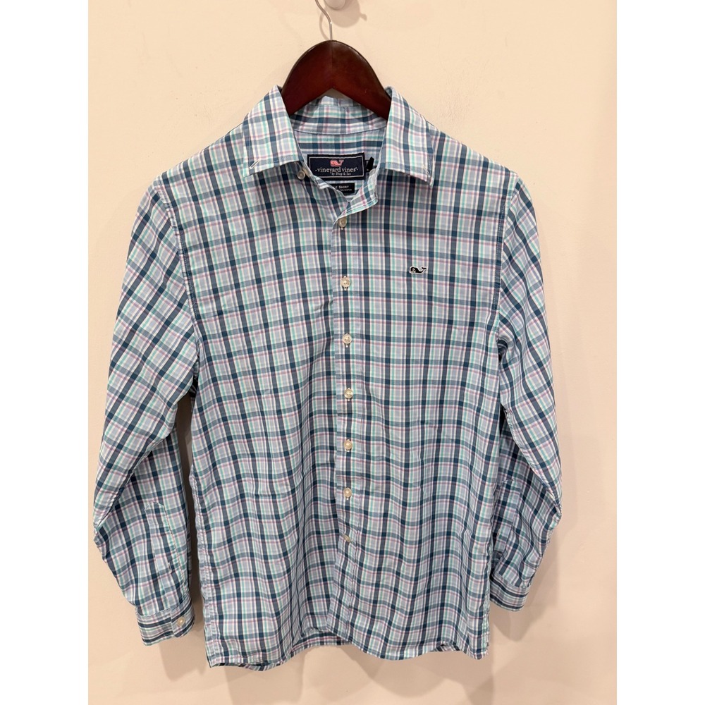 Vineyard Vines Performance Boys Large 16 Blue‎ Red Plaid Long Sleeve Button Down